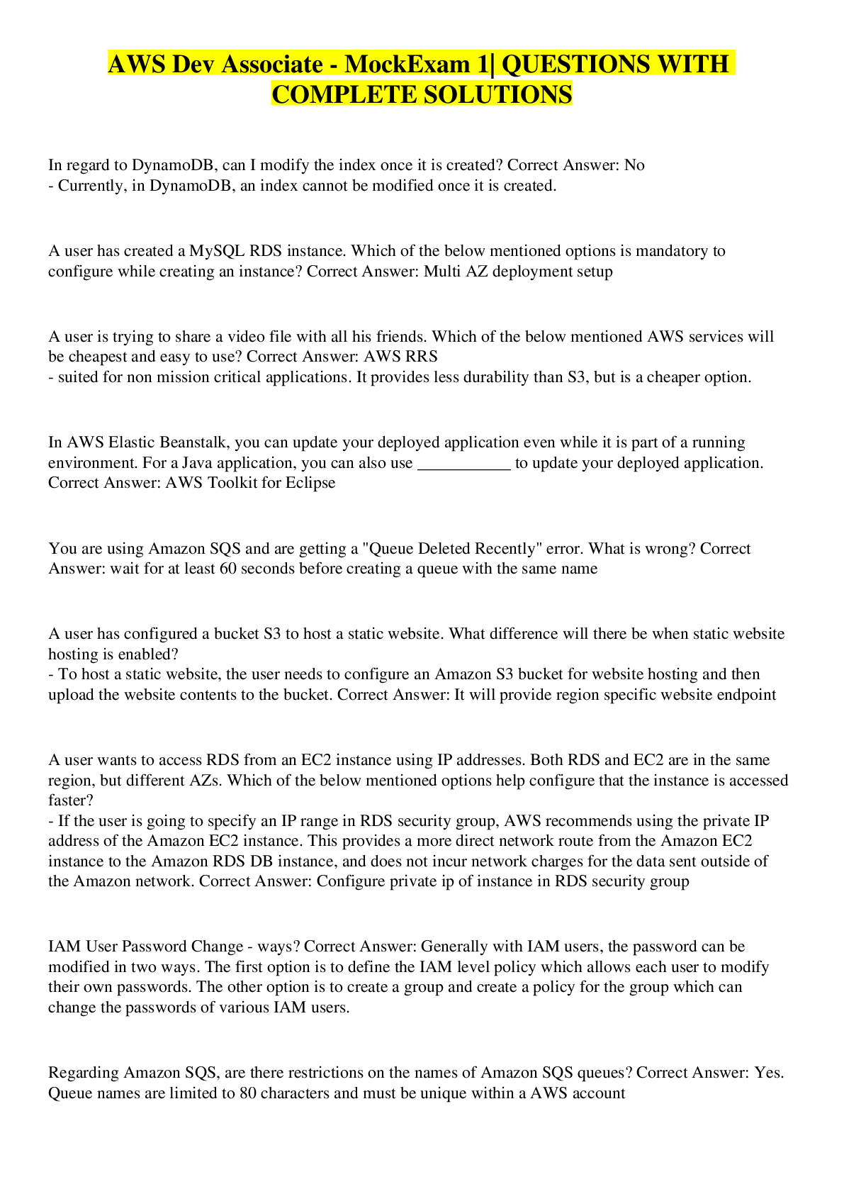 Preview image for AWS Dev Associate - MockExam 1| QUESTIONS WITH COMPLETE SOLUTIONS